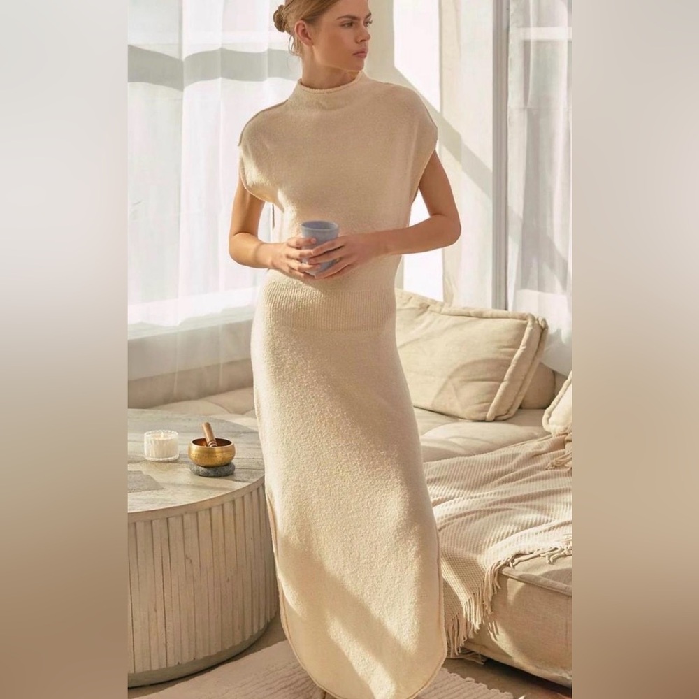 Daily Practice Mock Neck Sweater Dress with slits and rolled hem
